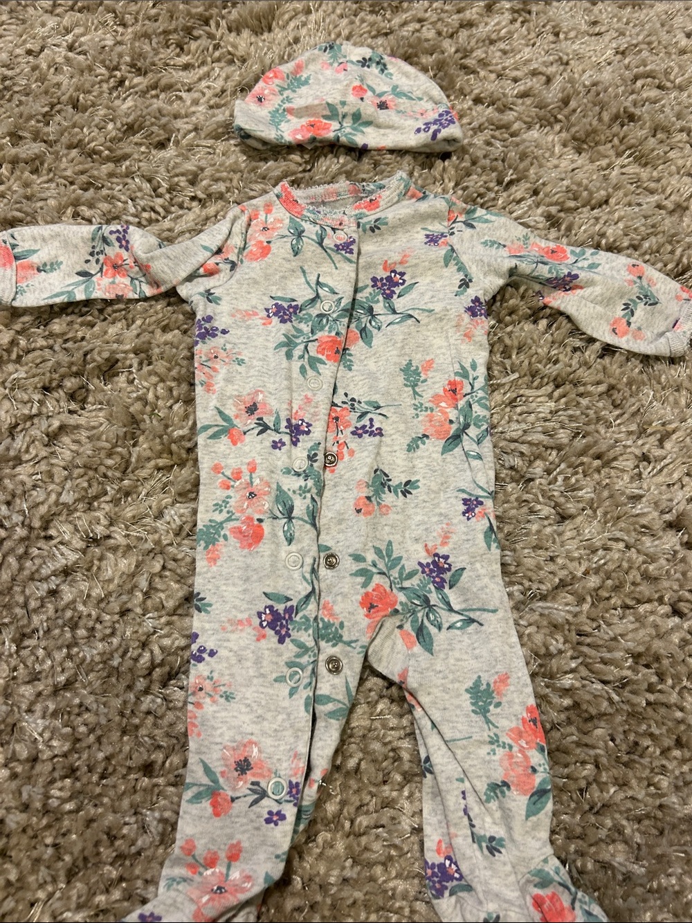 Carter's Gray Floral Footed One-Piece with Matching Hat